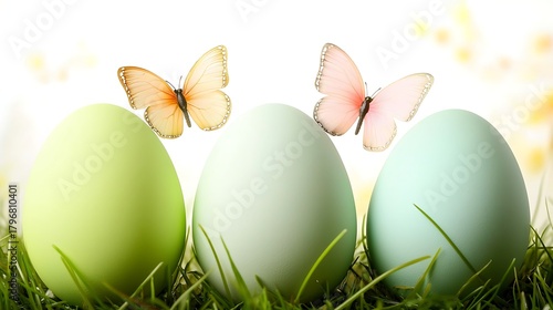 Bright spring air glowing with sunlight, butterflies, and pastel-colored Easter eggs in grass