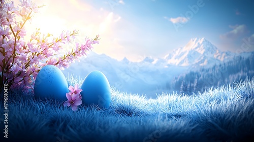 Natural daylight enhancing Easter eggs and blossoms over smooth pastel background