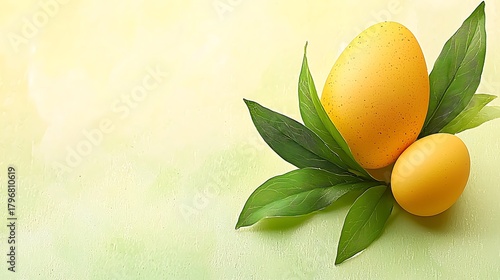 Gentle spring background with bright eggs among soft green leaves under daylight