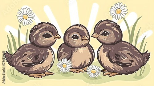 Soft yellow background with baby chicks and small daisy flowers under natural light