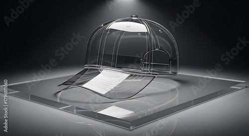 Sleek Transparent Baseball Cap Mockup on Reflective Glass Surface with Dramatic Spotlight