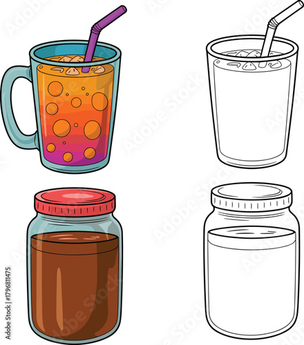 Colorful drink illustration, iced beverage glass, juice mug vector art, jar drink design, refreshing summer drink graphic, cartoon style artwork