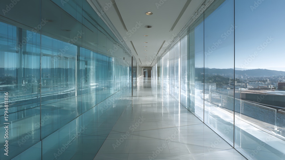 Obraz premium Long glass corridor with reflective flooring, panoramic view