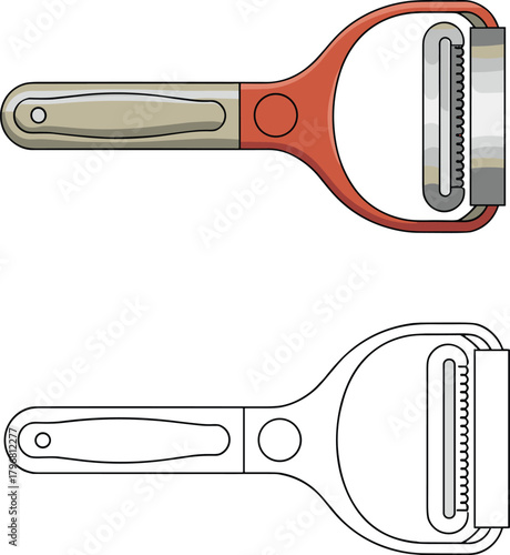 Pet grooming tool illustration, fur remover scraper, handheld deshedding brush, colored and outline versions, detailed vector design for pet care products