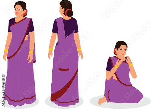 all view woman in saree all poses front to back siting animation ready vector illustration
