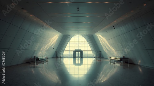 minimal airport boarding gate area with architectural balance and light gradient