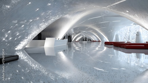conceptual airport interior with bright reflections and sleek material design