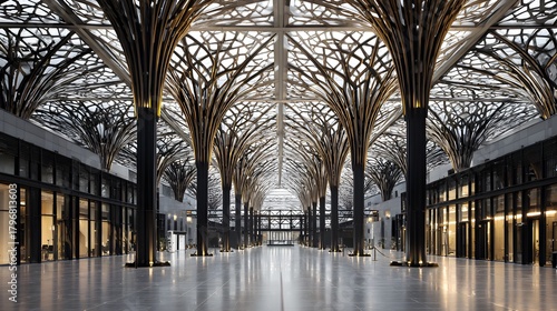 open modern terminal with symmetrical columns and skylight reflections