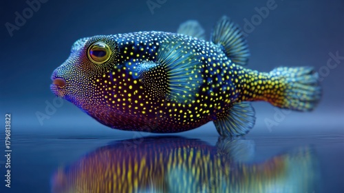 pufferfish with iridescent metallic scales emitting neon yellow dots, suspended in a smooth gradient background, futuristic atmosphere, sharp edges