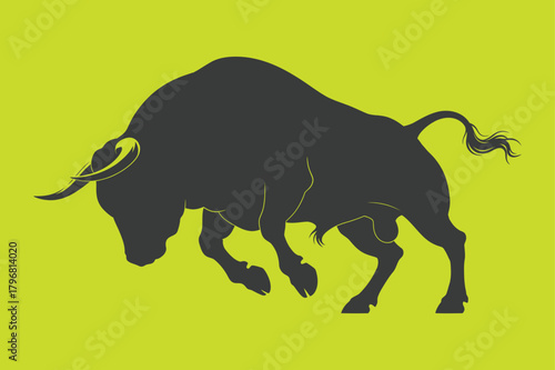 Illustration of a powerful black bull is charging forward