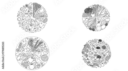 Black and white food circle illustrations showing balanced portions and nutrition groups in detailed ink linework. Ideal for diet infographics, classroom posters, menus, and guides.