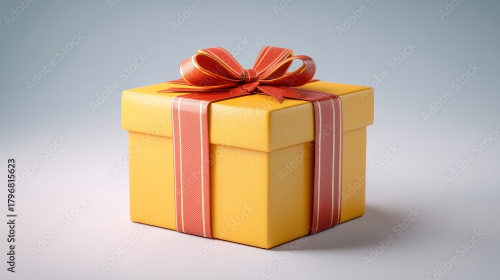 Obraz premium Cheerful birthday gift box tied with ribbon bow centered on a clean backdrop. The lid slightly open suggesting