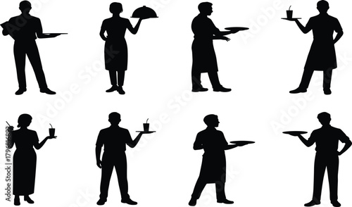 Waiter silhouette, serving tray, black graphic, vector illustration, hospitality gesture, restaurant staff, food service, elegant pose, dining iconWaiter silhouette, serving tray, black graphic, 