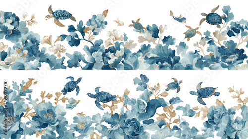 Watercolor sea turtle floral borders in deep blue and sandy gold, with turtles among botanical corals. Elegant seamless dividers for coastal invitations, branding, and decor.