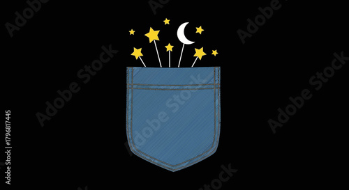 Charming graphic illustration of a blue denim pocket, brimming with sparkling golden stars and a serene crescent moon, symbolizing dreams, imagination, and nocturnal magic