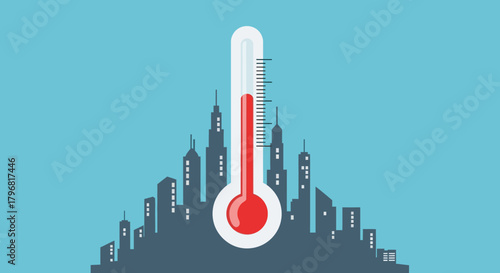 Urban Heatwave Thermometer Rising Over City Skyline, Illustrating Global Warming Effects