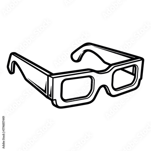 Minimalist black outline vector icon of 3D glasses, symbolizing leisure, entertainment, isolated on a transparent background