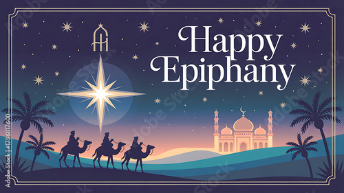 Three Wise Men on Camels Following Star to Mosque at Night Epiphany Magi