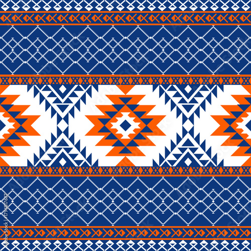 A bold blue and orange tribal geometric pattern featuring sharp triangles, symmetrical motifs, and intricate border details. Suitable for textiles, apparel, home décor, and print-on-demand products.