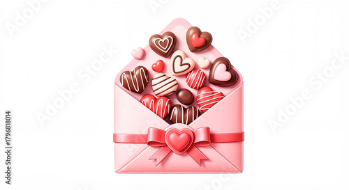 A pink festive gift envelope filled with colorful heart-shaped candies and sweets. Romantic Valentine's Day illustration on a white background. Love, gift, holiday.