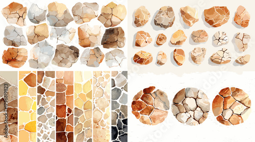 Watercolor stone and mosaic elements with tiles, pebbles, and circular patterns in warm earthy palettes. Great for backgrounds, architectural previews, crafts, and decorative design.