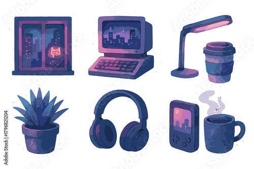 Creative workspace scene with computer, headphones, and coffee during nighttime