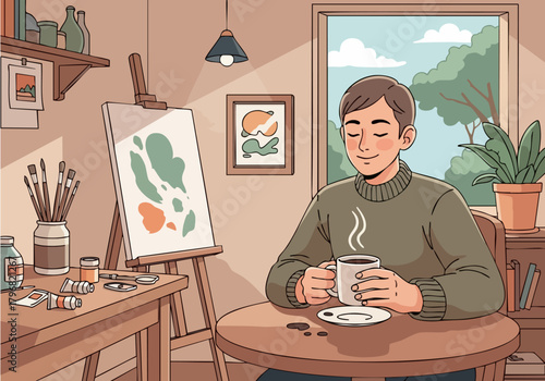 A young man relaxes in his art studio, holding a steaming mug, with a painting in progress and art supplies nearby.