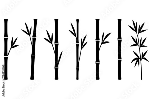 Bamboo stalks arranged in a linear pattern with varying heights and leaves in a minimalist style