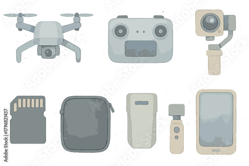 Collection of modern gadgets including a drone, controller, and smartphone in a minimalist style