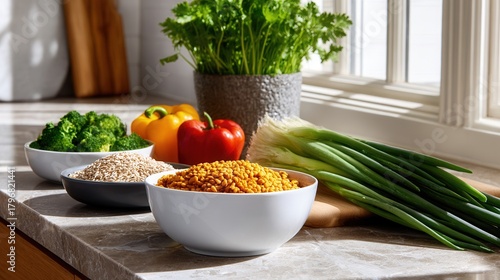 A vibrant display of fresh vegetables and grains on a kitchen counter, showcasing healthy ingredients for cooking and meal preparation.