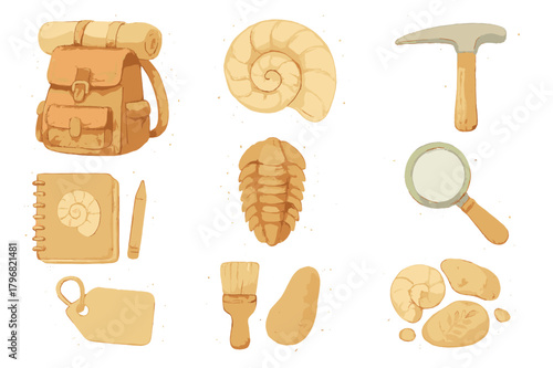 Exploring fossils with magnifying glass and tools in natural history