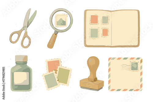 Collecting stamps with tools and supplies for a fun and creative hobby at home