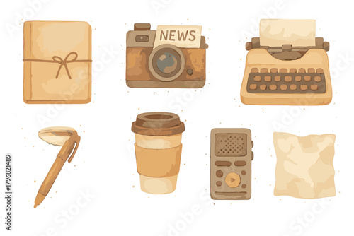 Collection of vintage office and journalism items on a white background showcasing tools of creativity and communication in everyday work