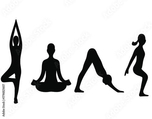 Diverse yoga poses displayed in silhouette form showing balance, relaxation, stretching, and strength