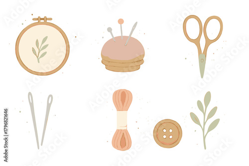 Crafting tools for sewing and embroidery showcase various items arranged in a creative layout