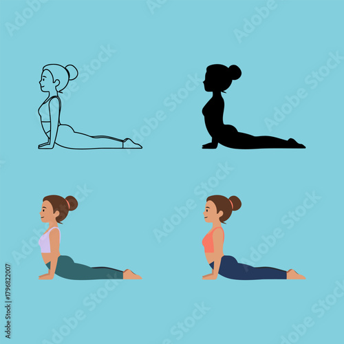 Woman doing cobra pose yoga in various styles on blue background