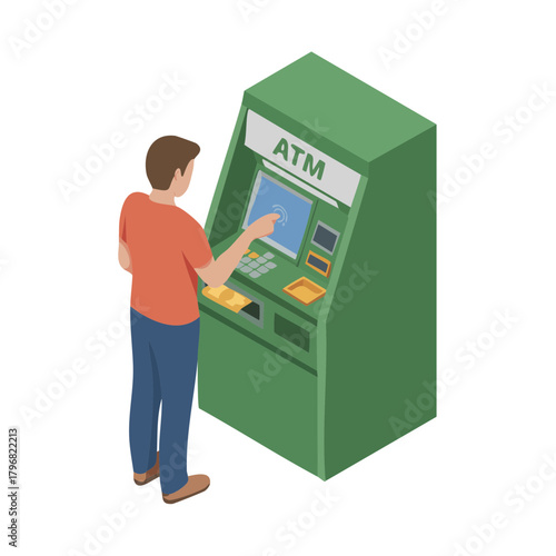 A person using an green ATM machine for banking transactions.