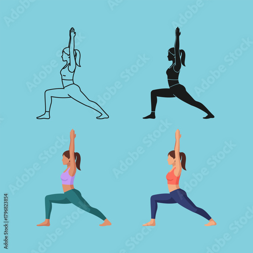 Woman doing warrior pose yoga in various styles on blue background
