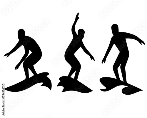 Surfers riding waves in various poses during a sunny day at the beach