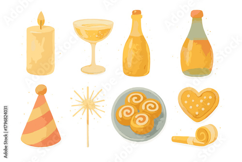 Celebration items including candles, drinks, and party snacks for a joyful gathering or special event