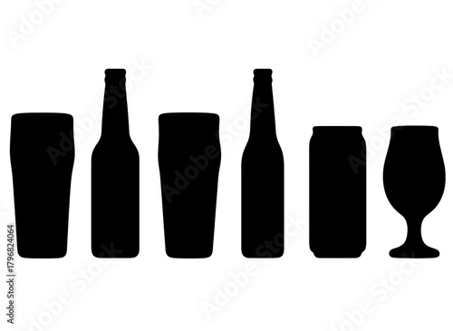 Different types of beverage containers lined up in a row in a simple black silhouette style