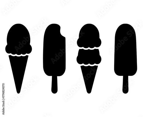 Variety of ice cream silhouettes with cones and popsicle shapes on a plain background showcasing different treats