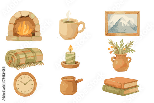 Cozy indoor scene with warm fireplace, a steaming cup, and comforting decor items in soft colors