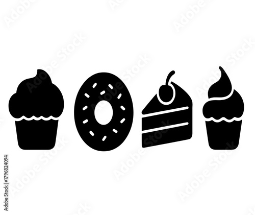 Delicious desserts displayed together with cupcakes, donuts, cake, and frosting on a plain background