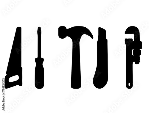 Basic hand tools displayed in silhouette, showcasing essential equipment for DIY projects and home repairs