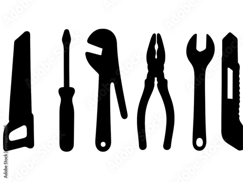 Variety of hand tools arranged in silhouette on a plain background for DIY projects and home repairs