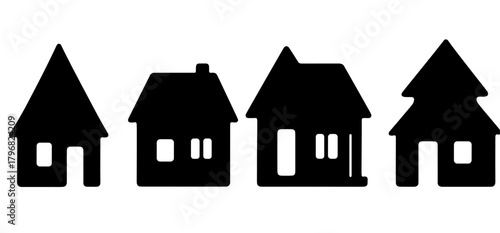 Different styles of houses displayed as simple black silhouettes on a white background under bright lighting