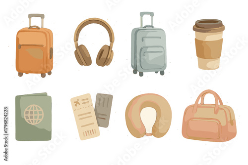 Travel essentials featuring luggage, headphones, coffee, and travel documents for a comfortable journey