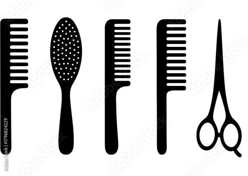 Hair styling tools including different combs and scissors available for hair professionals and enthusiasts