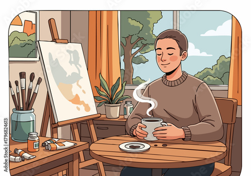 A content artist enjoys a warm cup of coffee while relaxing in a bright, cozy studio.